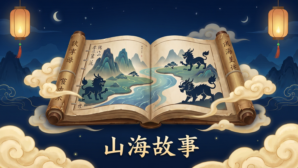 主视觉图,画面中央是一本摊开的古朴线装书,书页上浮现出山川河流与神兽剪影,书卷周围环绕淡金色云雾,背景为深蓝色夜空与远山轮廓,整体布局居中对称,风格为国风插画,细节包含卷轴、灯笼、古文字纹样,画质高清,干净,无多余元素,画面中下方有文字“山海故事”