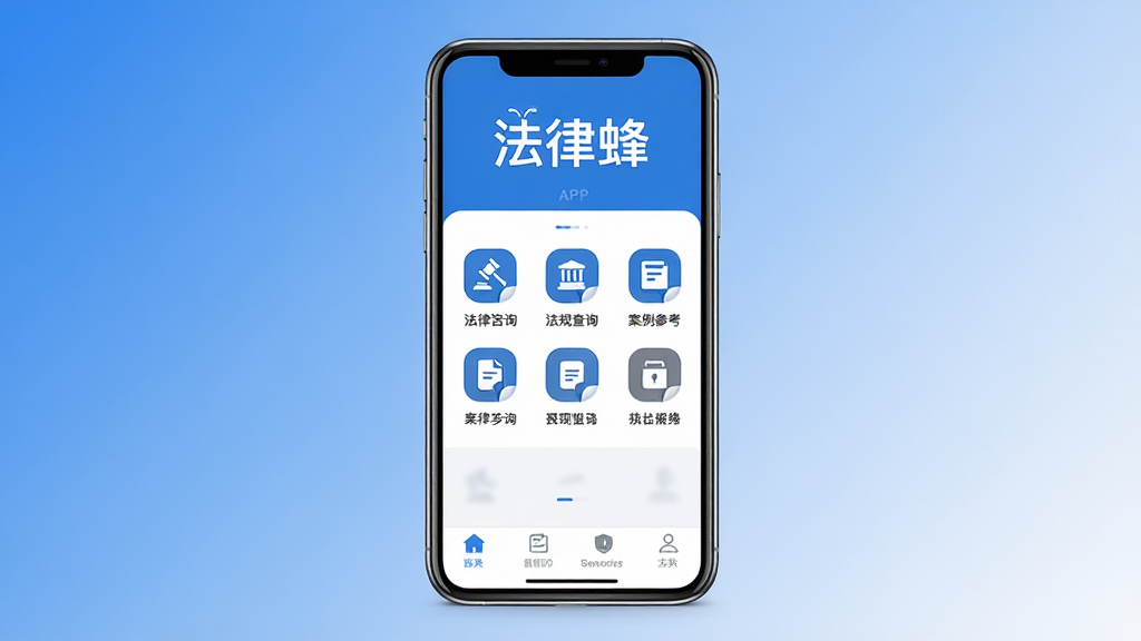 法律蜂软件主界面展示,手机屏幕中央显示法律蜂APP的首页,页面布局清晰,顶部有法律蜂文字标识,中部为功能图标排列整齐,包含法律咨询、法规查询、案例参考等入口,底部导航栏简洁明了,整体采用蓝白配色,风格专业稳重,背景为纯色渐变,画面干净整洁,无多余元素,高清画质,UI设计展示图