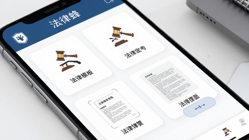 法律蜂文书模板功能界面,手机屏幕展示多种法律文书模板列表,每个模板有图标和名称,点击后可预览内容,页面中有法律蜂名称,排版整齐,配色清爽,风格商务简洁,细节到位,画质清晰,无多余元素