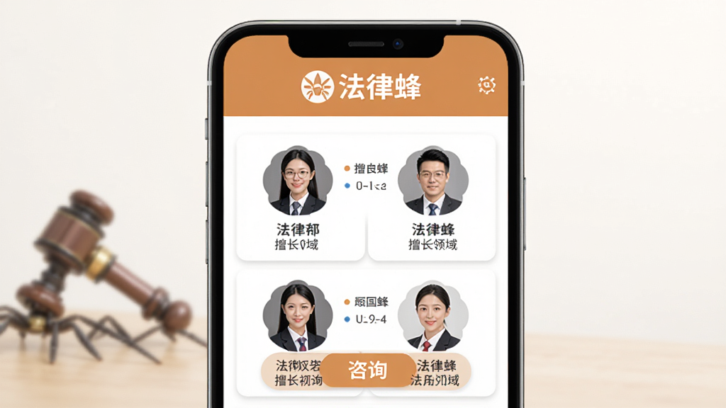 法律蜂律师咨询入口页面,手机屏幕显示律师列表和咨询按钮,律师头像和擅长领域清晰可见,顶部有法律蜂标识,整体配色温和,风格可信赖,布局规范,画质高清,画面干净整洁