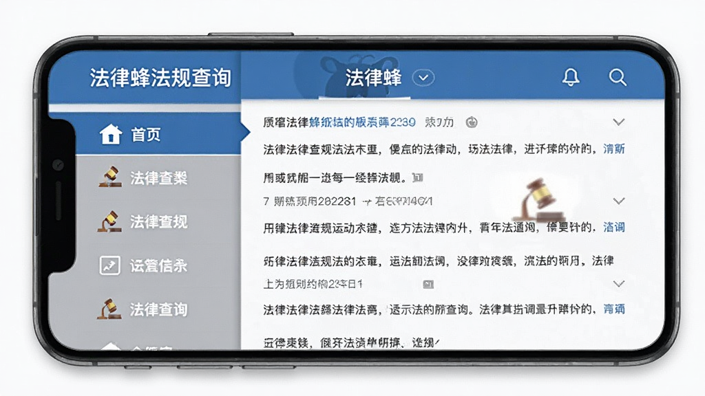 法律蜂法规查询页面,手机屏幕展示法律法规分类列表,左侧为分类导航,右侧为法条内容展示,页面中有法律蜂字样,整体排版规整,配色以蓝白灰为主,风格严肃专业,画面清晰,细节丰富,高质量UI截图