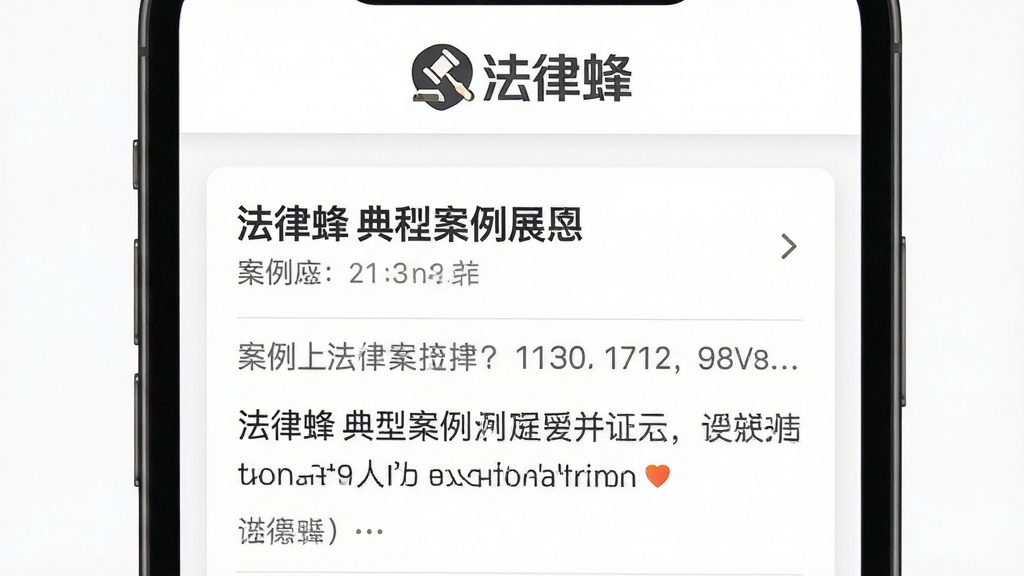 法律蜂典型案例展示页面,手机屏幕显示案例列表和详情内容,案例标题清晰,正文排版舒适,顶部有法律蜂标识,背景为白色,字体为深灰色,整体风格简洁大方,布局合理,画质高清,画面干净无杂乱元素