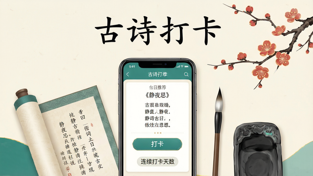 古诗打卡应用主界面全貌展示,画面中央放置一部智能手机,屏幕内显示古诗打卡App的首页界面,包含当日推荐古诗《静夜思》全文、打卡按钮、连续打卡天数显示区域;手机周围环绕古风元素,如卷轴、毛笔、墨砚、梅花枝;整体采用清新淡雅的中国风配色,米白底色配青绿色点缀;布局居中对称,上方留白处写有“古诗打卡”四个楷体大字;风格为国风插画,细节精致,画质清晰,干净无多余元素