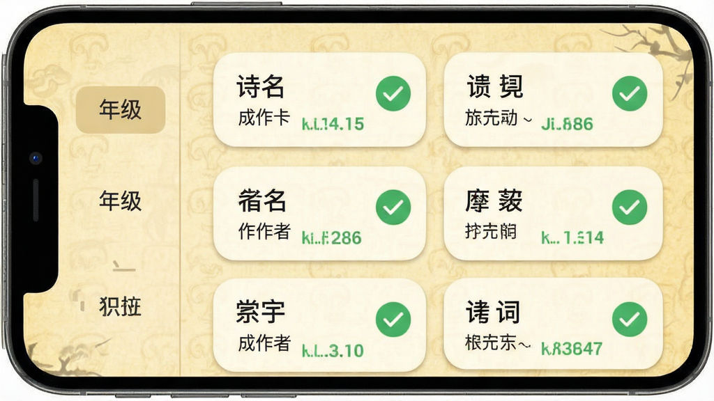 古诗打卡诗词库界面展示,手机屏幕内呈现按年级分类的古诗词列表,左侧为年级导航栏,右侧为诗词卡片,每张卡片显示诗名、作者和打卡状态;背景为淡黄色仿古纸张纹理,卡片采用圆角设计,配有绿色对勾图标表示已完成打卡;风格为扁平化UI设计,细节清晰,画质干净,无多余元素