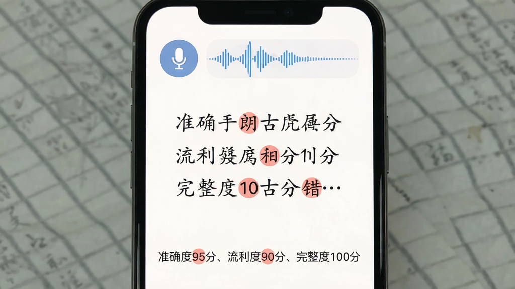古诗打卡朗读评测界面展示,手机屏幕内显示一首古诗的朗读界面,诗句上方有麦克风图标和波形动画,下方显示评分结果“准确度95分、流利度90分、完整度100分”,错字用红色标注;背景为白色,诗句字体为楷体;风格为教育类App界面,细节清晰,画质干净,无多余元素
