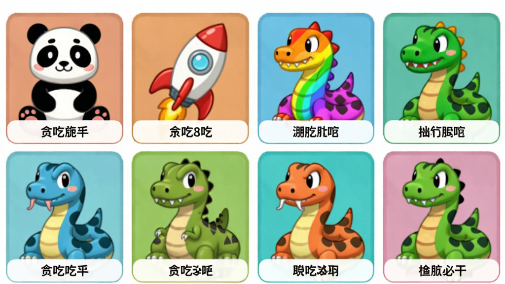 展示贪吃蛇大作战游戏内皮肤选择界面,画面中排列着多款不同造型的蛇皮肤,包括熊猫、火箭、彩虹、恐龙等风格,每款皮肤下方有名称标签,界面布局整齐,风格为清新卡通风,画质清晰、干净、无多余元素