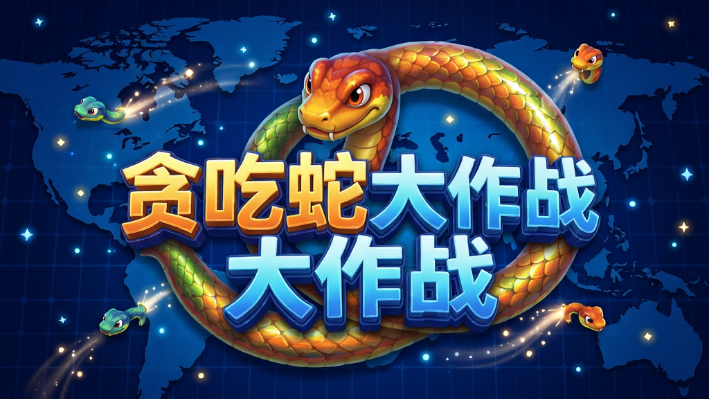 主体为一条色彩鲜艳的卡通贪吃蛇在深蓝色星空地图中央盘旋,周围散落发光的小光点与几条对手小蛇,布局采用俯视视角,画面中央突出游戏名称“贪吃蛇大作战”立体艺术字,排版为游戏宣传海报风格,细节包括蛇身鳞片反光、地图网格纹理、光点拖尾粒子效果,画质高清、干净、无多余元素