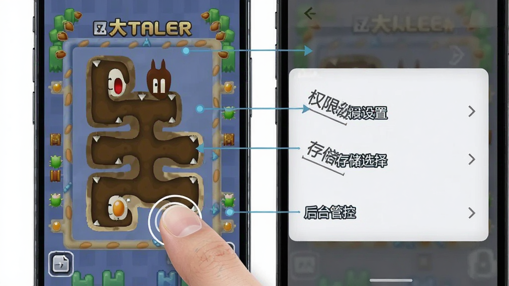 一部智能手机屏幕上显示贪吃蛇大作战游戏主界面,旁边有设置菜单弹出,画面中标注“权限设置”“存储选择”“后台管控”等文字标签,布局为手机与设置面板组合,风格为科技简约,细节包括手指点击屏幕动作,画质清晰、干净、无多余元素
