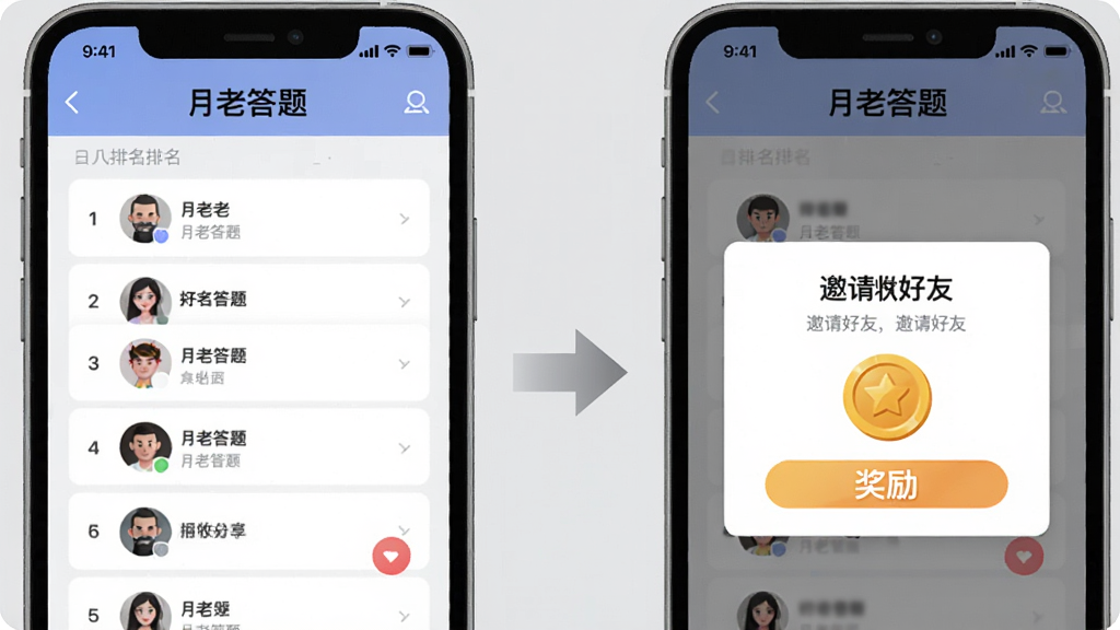 一张社交互动场景插图,画面中两个手机屏幕并排展示“月老答题”好友排行榜界面,左侧屏幕显示排名列表和头像,右侧屏幕显示邀请好友弹窗和奖励金币图标,中间有箭头表示分享动作,背景为浅灰色,风格简约现代,画质清晰,文字为中文,无杂乱元素
