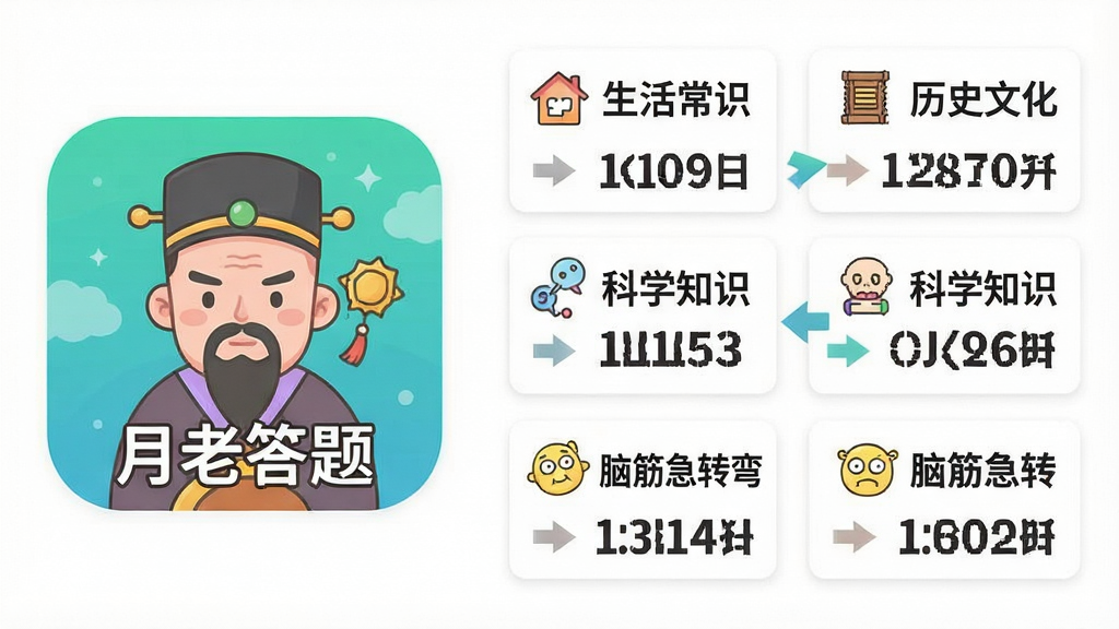 一张信息图风格的插图,画面左侧是“月老答题”APP图标,右侧以网格形式展示多个题库分类标签,包括“生活常识”“历史文化”“科学知识”“脑筋急转弯”等,每个标签配有小图标,中间有箭头指向不断增加的题目数量数字,背景为白色,风格清新简洁,画质清晰,文字使用中文,无杂乱装饰元素