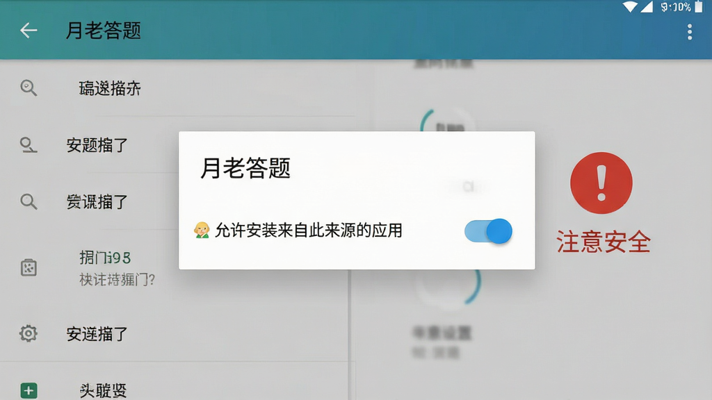 一张手机安全设置界面示意图,画面中“月老答题”安装提示弹窗位于中央,弹窗内显示“允许安装来自此来源的应用”开关按钮,背景为安卓系统设置页面,旁边有红色感叹号图标和文字“注意安全”,整体风格简洁,画质清晰,无多余元素