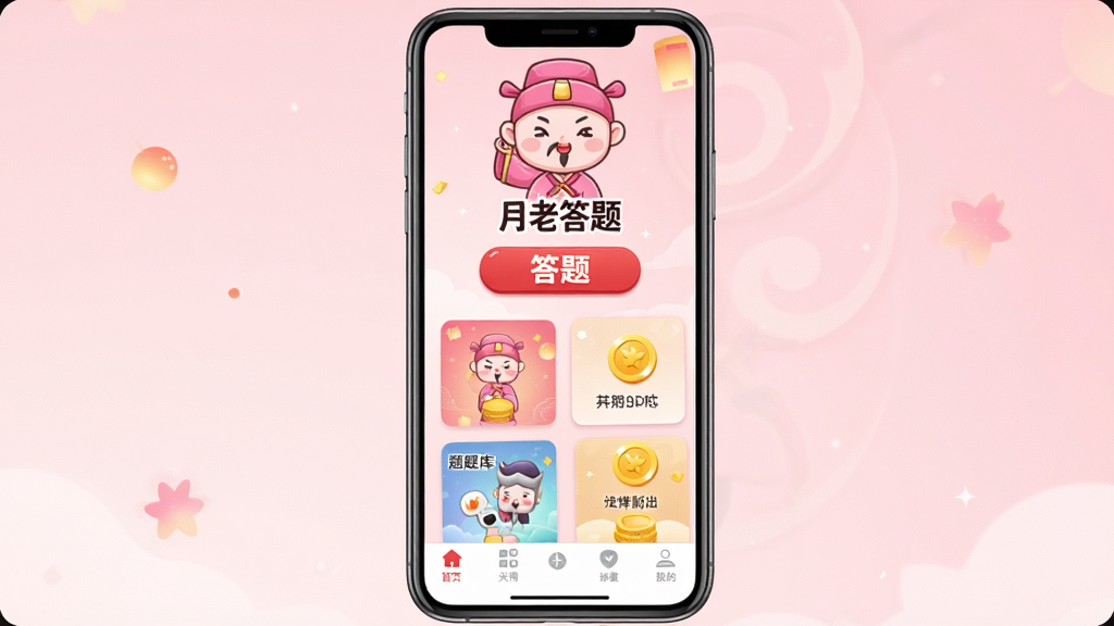 一张手机屏幕正面展示图,画面中央是“月老答题”APP主界面,顶部有粉色月老卡通形象和红色答题按钮,中间排列着题库关卡卡片和金币图标,底部导航栏清晰可见,背景为浅粉色渐变,整体风格喜庆活泼,布局简洁明了,画质清晰干净,无多余元素,适合软件下载站展示图使用