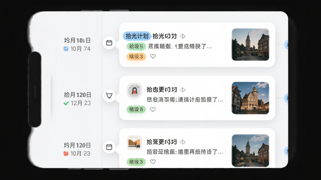 ������ʰ��ƻ�Ӧ�õ�ʱ������棬����Ϊ�������еĿ�Ƭʽ��¼�����Ű������ʾ�����Ҳ���ʾ�������ԣ�������¼�Լ��ϸ�ڰ�����ɫ��ǩ��Сͼ��������Ӱ�����ʸ��壬�ɾ����޶���Ԫ��