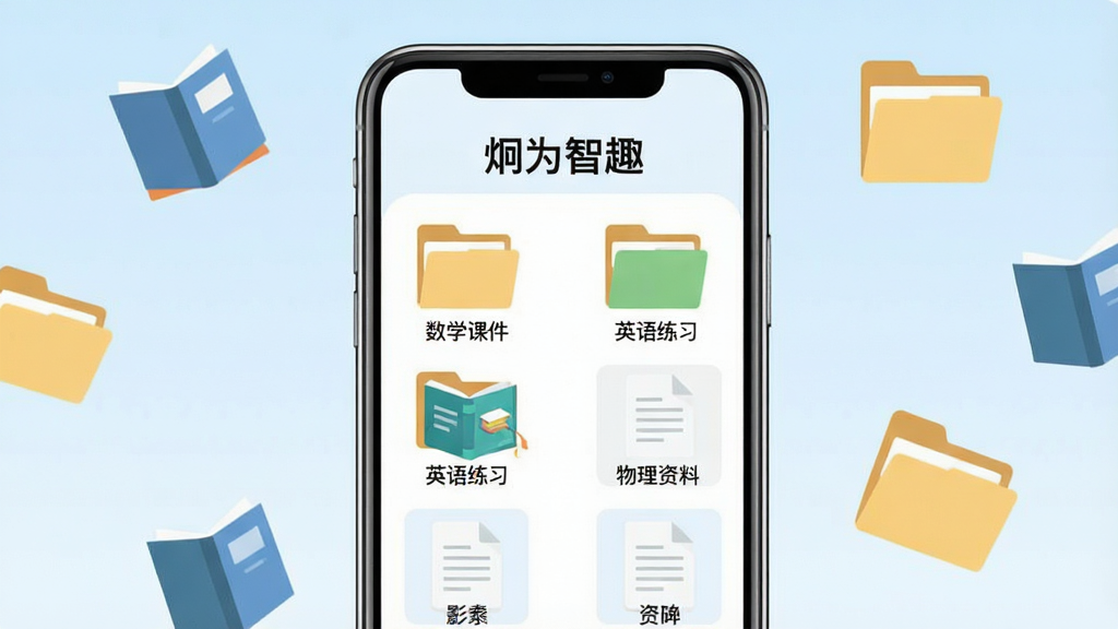 ��������һ���ֻ�չʾ����Ϊ��Ȥ��ѧϰ��Դҳ�棬��Ļ���������ļ���ͼ����ĵ�����ͼ����ע����ѧ�μ�����Ӣ����ϰ�����������ϡ����������ֻ�����Ư�����鱾���ļ��еı�ƽ��ͼ�꣬����Ϊ����ɫ���䡣��������ˬ�����ʸɾ��޶���Ԫ�أ����֡���Ϊ��Ȥ�������ɼ���