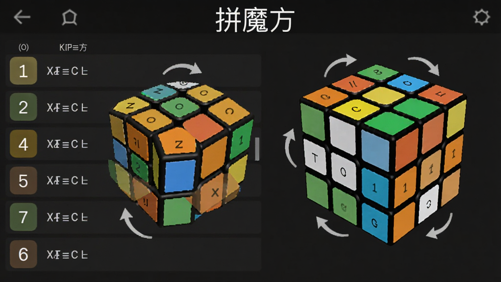 拼魔方软件公式图解界面,画面展示一个三阶魔方处于还原中间态,左侧为公式符号列表右侧为魔方3D模型,布局采用左右分栏结构,风格为教育类软件界面设计,细节包含步骤序号高亮和旋转箭头标识,画质清晰干净无多余元素,图片中标注文字“拼魔方”