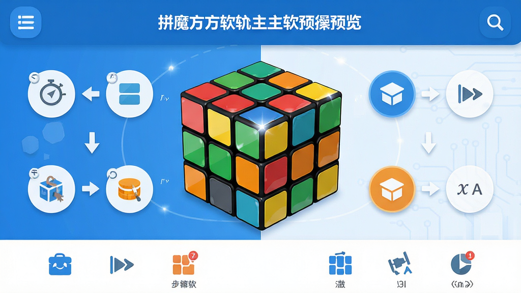 拼魔方软件主界面预览图,画面中央展示一个色彩鲜艳的三阶魔方模型,周围环绕着教程步骤图标和公式符号,布局采用上下分区结构,上方为软件标题区下方为功能入口区,风格为扁平化科技感设计,细节包含魔方色块高光反射和步骤箭头指示,画质清晰干净无多余元素,整体色调以蓝白为主点缀红黄橙绿魔方色