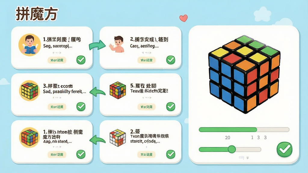 拼魔方软件新手引导界面,画面展示分步教学卡片和魔方示意图,布局采用卡片式纵向排列,风格为友好亲切的教学界面,细节包含步骤进度条和完成勾选标记,画质清晰干净无多余元素,画面中显示“拼魔方”名称