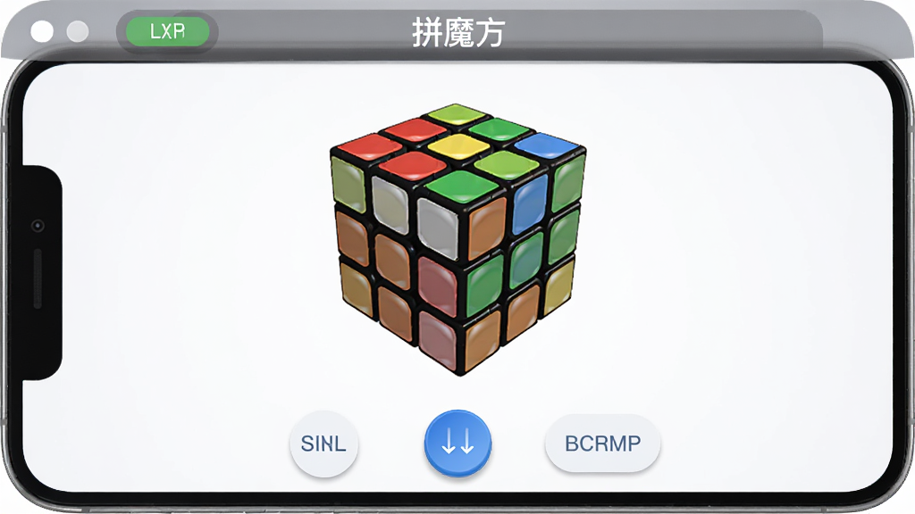 拼魔方软件3D模拟器界面,画面中央为一个可旋转的三阶魔方,下方为操作按钮区域上方为状态提示栏,布局采用居中对称结构,风格为现代简约移动端设计,细节包含魔方表面光泽和按钮按下效果,画质清晰干净无多余元素,画面中显示“拼魔方”字样
