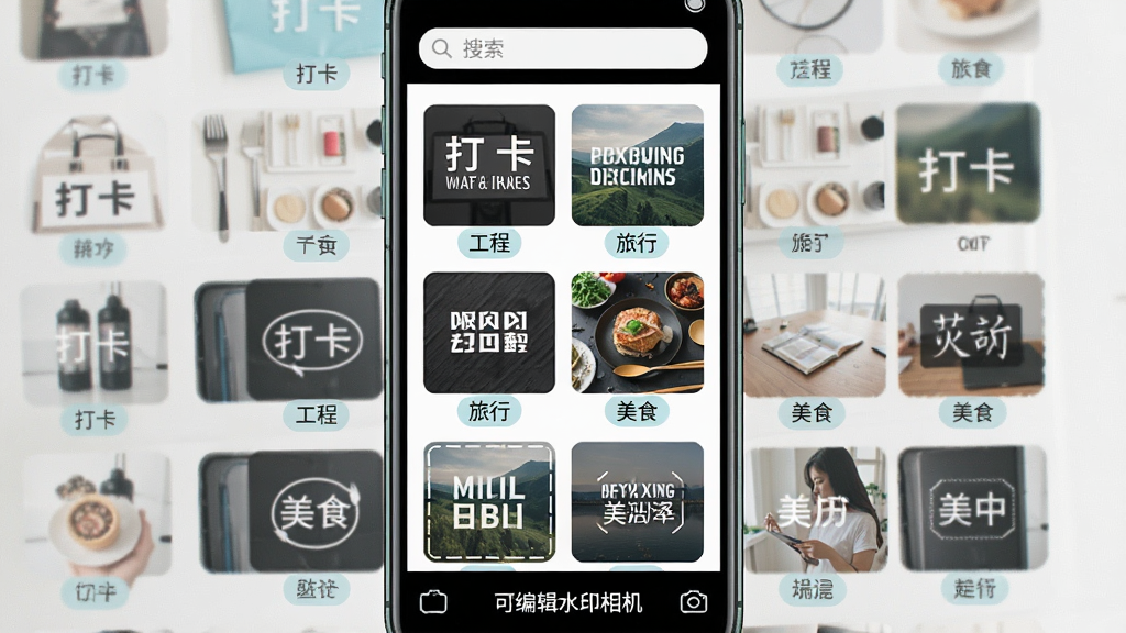 一张可编辑水印相机模板选择页面的图片,画面中手机屏幕以网格形式展示多个水印模板缩略图,包含打卡、工程、旅行、美食等分类标签,顶部有搜索框,底部显示软件名称