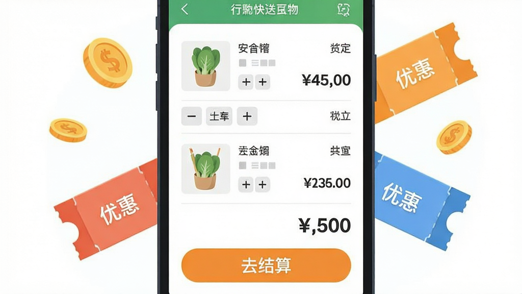���������ѡ���͹��ﳵ������棬�����������ֻ���Ļ��ʾ���ﳵ��Ʒ�б��ͺϼƽ��·��С�ȥ���㡱��ť����ΧƯ���ż�öӲ�Һ��Ż�ȯͼ�Σ����־��У��Ű��࣬���Ϊ��ƽ����ҵ�廭��ϸ�ڰ�����Ʒ����ͼ�������Ӽ���ť��������ֵ���Ŀ��ʾ�������������ɾ��޶���Ԫ��