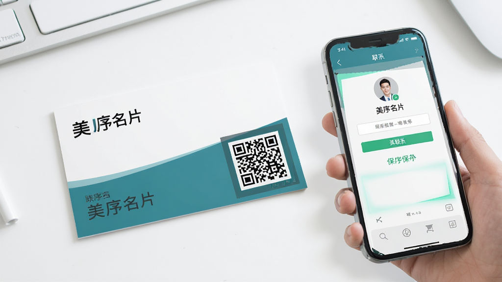 һ��չʾ��������Ƭ����ά�빦�ܵ�ͼƬ������������һ�������ɵ���Ƭ����Ƭ���½���һ����������ɫЭ���Ķ�ά�룬�Ա�һ���ֻ�����ɨ��ö�ά�룬�ֻ���Ļ�ϵ�����ϵ�˱�����棬����Ϊ�ɾ��İ�ɫ���棬��������࣬�����������޶���Ԫ��