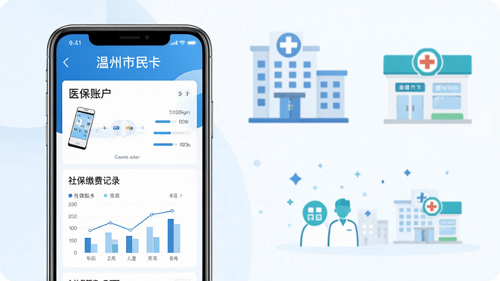 һ��չʾ���������񿨡�App�籣ҽ�ƹ��ܵ�ʾ��ͼ������Ϊ�ֻ���Ļ��ʾҽ���˻����籣�ɷѼ�¼������ΪҽԺ��ҩ��ļ�ͼ�꣬����Ϊ���ҷ��������Ϊרҵҽ��������ɫ��ϸ��������ͼ�����������ʸ��壬�ɾ����޶���Ԫ��