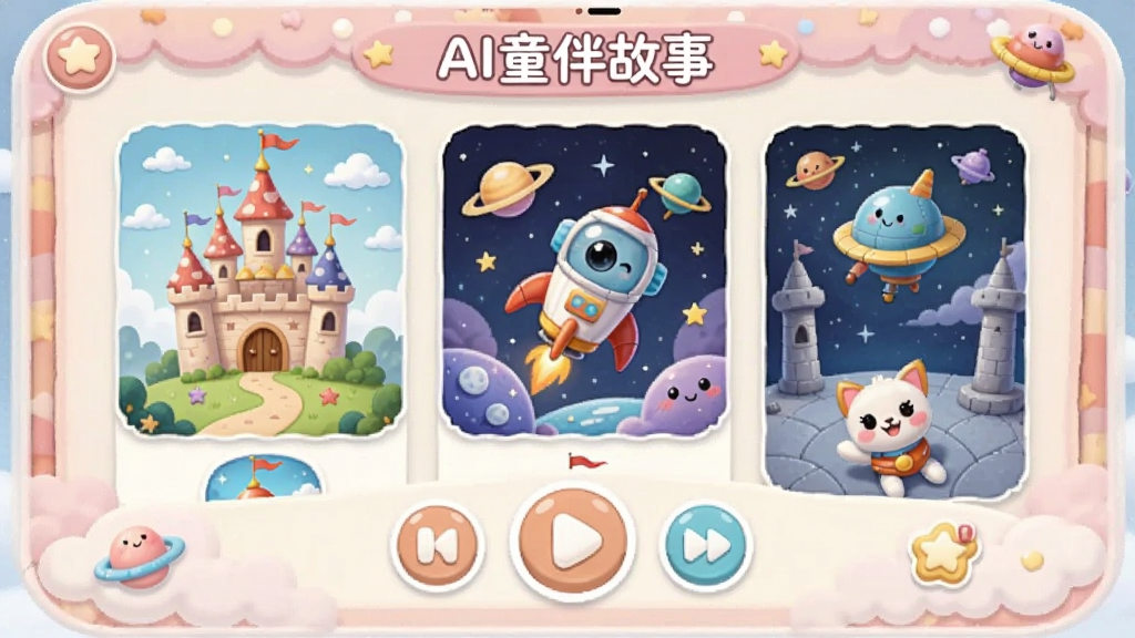 AIͯ����²��Ž��棬��Ļ��չʾ�Ŷ�����·��棬��ͯ���Ǳ���̫��̽�յȲ�ͼ���·��в��ſ��ư�ť��������ƿ�ͨ�ɰ���ɫ����ͣ�ͻ��������Դ�ķḻ�ԣ����廭��