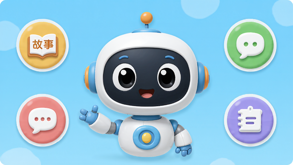AIͯ������������չʾ�������ǿɰ��Ŀ�ͨ������������Χ�����Ź��¡��Ի���ѧϰ�Ȳ�ɫ����ͼ�꣬���������»��ã��ʺ϶�ͯʹ�ã�����ɾ����࣬UI�������������廭�ʣ��޶���Ԫ��