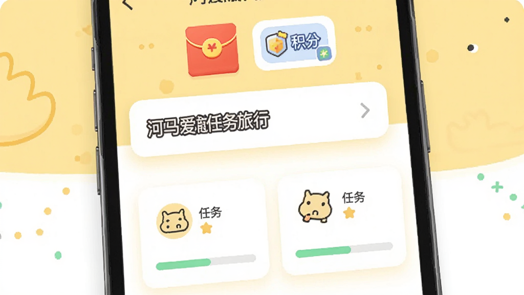 画面主体为手机屏幕展示“河马爱旅行”任务列表界面,屏幕上方有红包与积分图标,屏幕下方是任务卡片排列,背景为淡黄色与白色拼接,布局采用上下结构,风格为清新扁平插画,细节包括小图标和进度条,画质高清,干净无多余元素