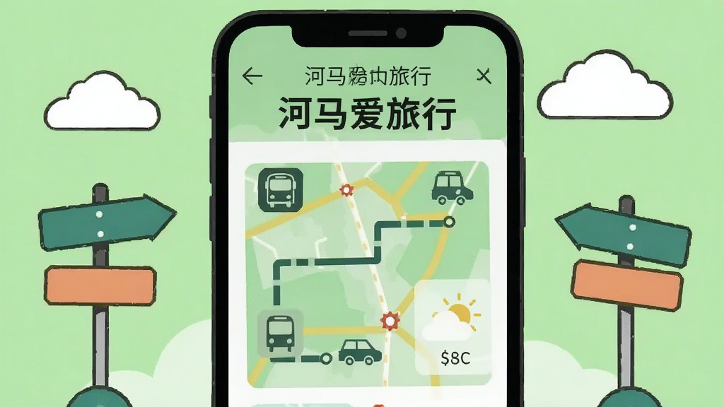 画面中心为手机屏幕展示“河马爱旅行”路线资讯页面,屏幕上有地图路径线条、公交图标、天气小图标,手机两侧有路标和云朵装饰,背景为浅绿色,布局左右平衡,风格为简约矢量插画,细节清晰,画质高清,无多余元素