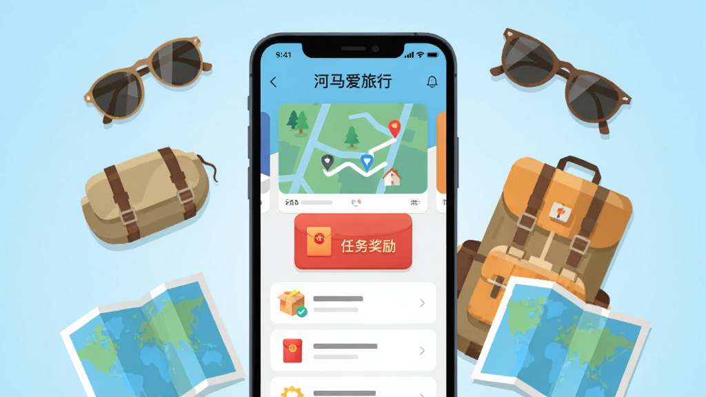 画面中央展示一部智能手机,手机屏幕上呈现“河马爱旅行”应用主界面,界面包含地图路线卡片、红包奖励图标和任务列表,手机周围散落着旅行背包、太阳镜、地图折页等元素,背景为浅蓝色渐变,整体布局居中对称,风格为扁平化插画,细节干净清晰,画质高清,无多余元素