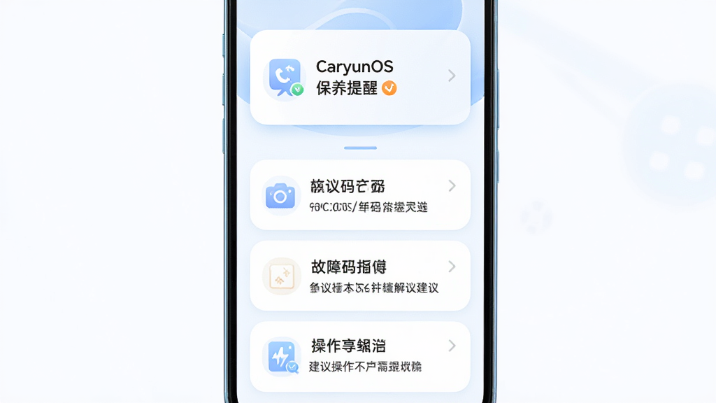 �ֻ���Ļ������棬��Ļ�Ϸ���ʾ��CaryunOS���������ѿ�Ƭ���·��ǹ��������б���ÿ�������������Ľ��ͺͽ������������Ϊ���½ṹ����Ƭʽ��ƣ�Բ�Ǿ��Ρ����Ϊ���ǳɫϵ����ɫ��Ϊǳ���Ͱ�ɫ��ϸ����ͼ��ͷָ��ߡ������������ɾ����޶���Ԫ�ء�