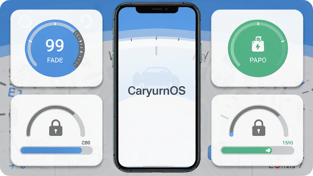 �ֻ���Ļ������棬��Ļ������ʾ��CaryunOS������״̬�Ǳ��̣�����̥ѹ����������������������Բ�κ��������ݿ�Ƭ������Ϊ���·��������ҶԳơ����Ϊ��ˬ�ı�ƽ��UI��ƣ���ɫ��Ϊ���׻ң�ϸ������΢��ͶӰ��Բ�ǡ������������ɾ����޶���Ԫ�ء�