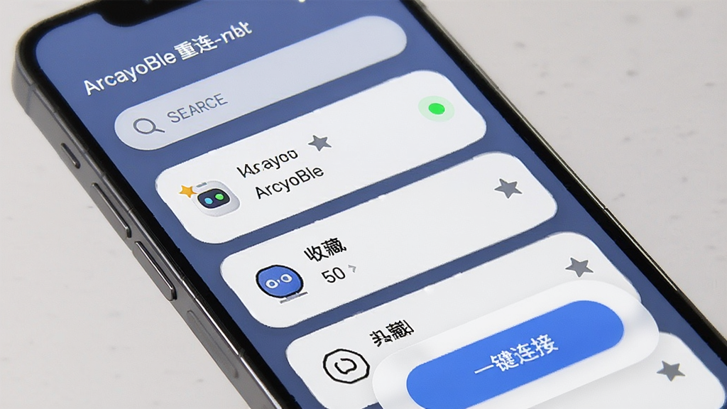 ArcrayoBle �豸�ղ����������棬����Ϊ�ֻ���Ļչʾ�ղ��豸�б���һ�����Ӱ�ť������Ϊ��Ƭʽ���У��Ű��Ϸ����������·�Ϊ�豸��Ƭ�����ΪԲ�������ƣ�ϸ�����Ǳ�ͼ��������״ָ̬ʾ�ƣ����ʸ��壬�ɾ����޶���Ԫ��