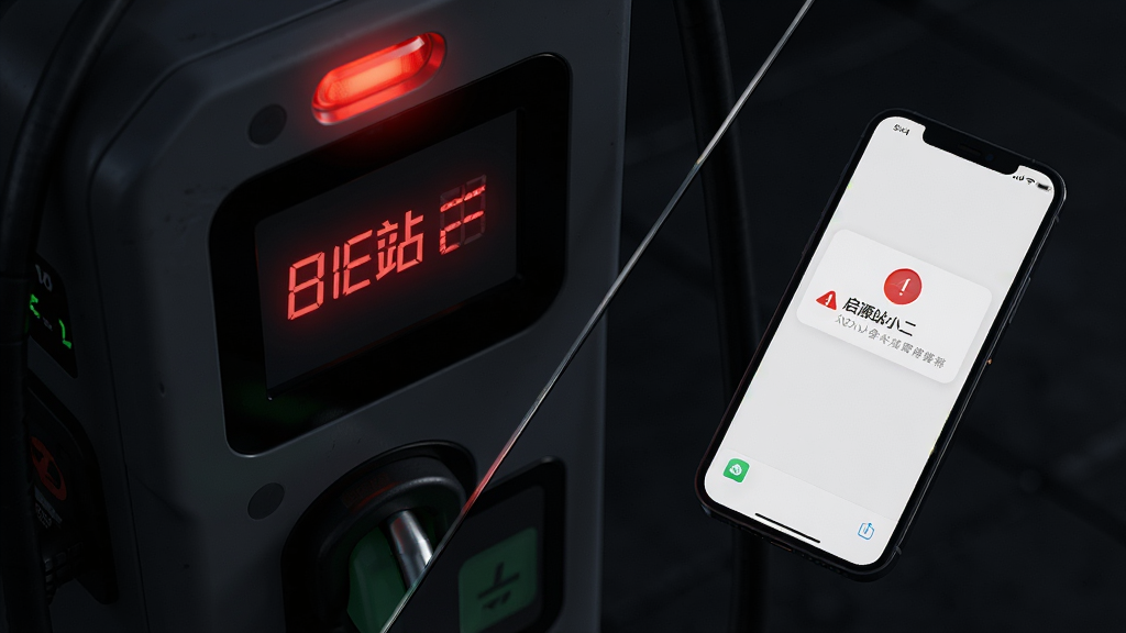 ���վ�豸��д��һ̨���׮����ʾ���ϳ��ֺ�ɫ���ϴ��룬�Ա�һ���ֻ���Ļ����ʾ