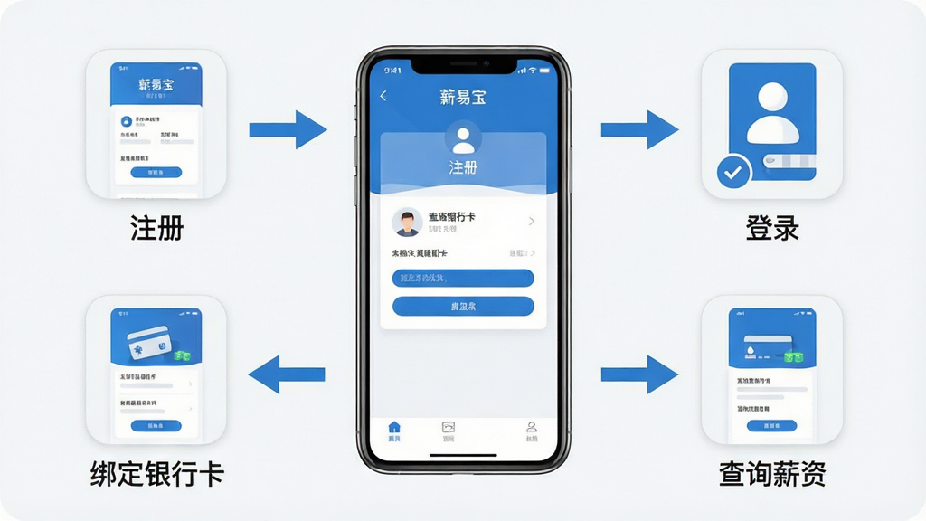 һ��չʾн�ױ��ƶ��˲������̵�ʾ��ͼ���������ֻ���ĻΪ���ģ���Χ�ü�ͷ����ע�ᡢ��¼�������п�����ѯн���ĸ�����ͼ�꣬ÿ���������м��Ľ�������ͼ�����岼���������򣬷���ƽ����ƣ���ɫ����ɫ����ɫ��ǳ��ɫΪ���������ɾ���࣬�����������޶���Ԫ��