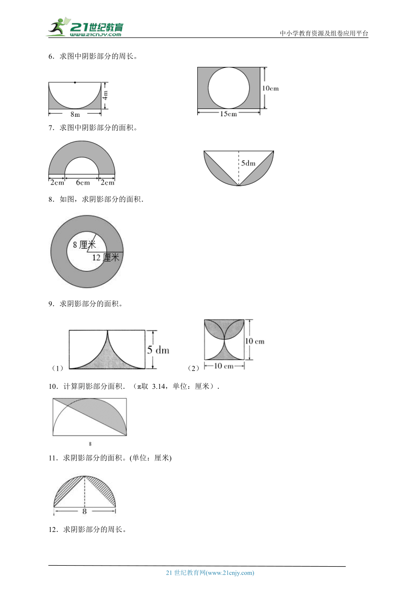 六年级数学上册圆周长面积公式 半圆环形计算 易错题配图