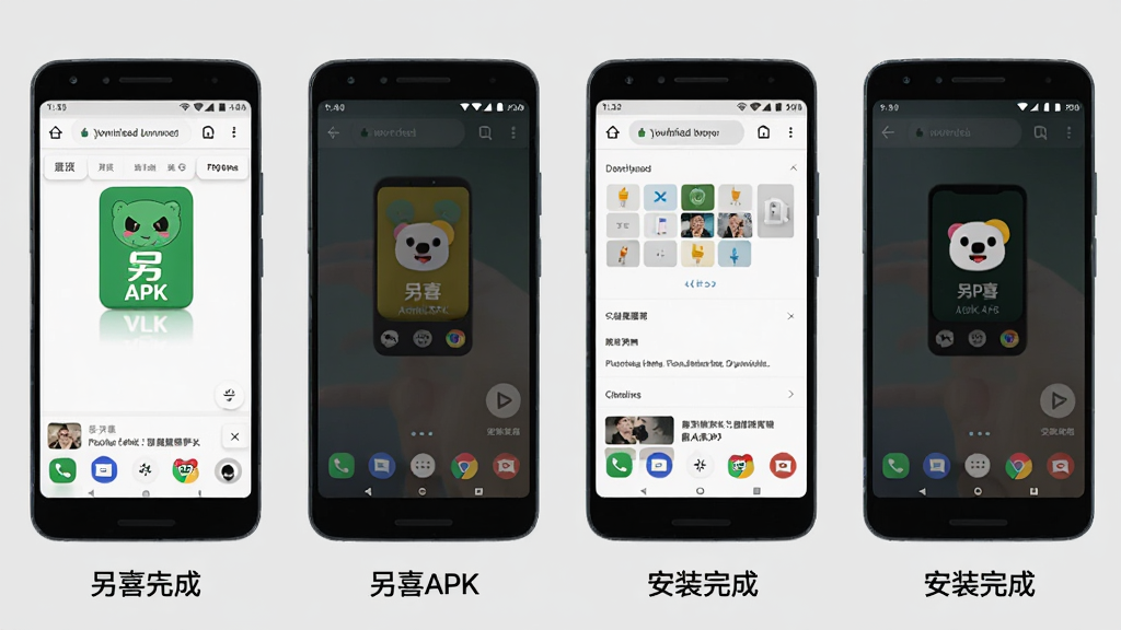 一张手机操作步骤示意图,画面展示一部安卓手机从浏览器下载“另喜”APK到安装完成的四个步骤截图,每张截图下方有简短文字标注,背景为浅灰色,风格简洁清晰,画质高清,无多余元素。