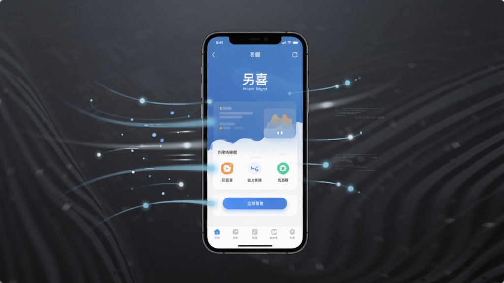 一张科技感风格的应用性能示意图,画面中央展示一部手机屏幕中“另喜”应用正在快速加载页面,周围用浅色线条与光点表现速度感与流畅度。背景为深灰色渐变,风格简约现代,画质高清,干净无杂乱元素。