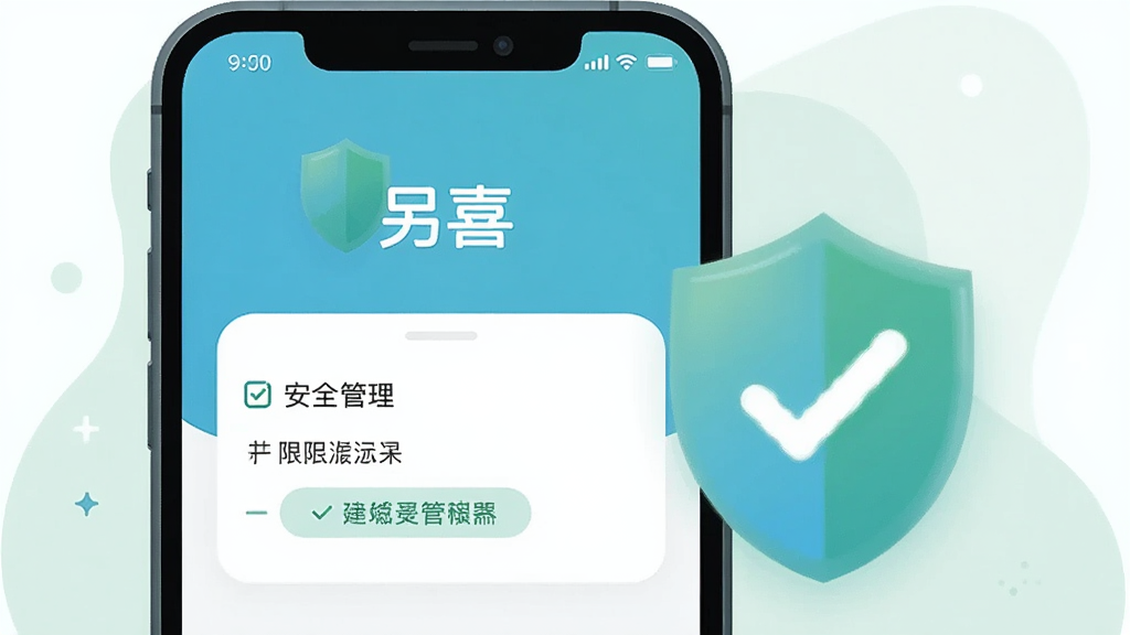 一张安全主题的扁平插画,画面中央是一部手机,屏幕显示“另喜”应用的权限管理界面,旁边有盾牌图标与勾选标记。背景为浅绿色与白色搭配,风格清新简洁,画质高清,无多余元素。