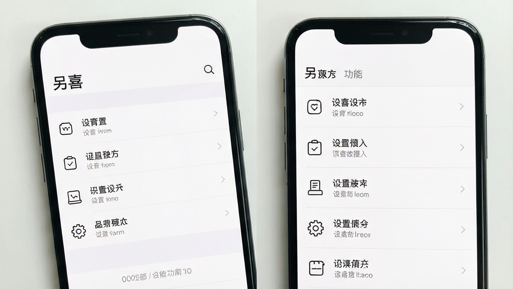 一张手机界面特写图,展示“另喜”应用的设置页面与功能列表页面并排对比,界面采用白色背景、浅灰色分割线、深色文字,图标为线性风格。画面干净整洁,排版规整,风格素雅极简,画质清晰,无多余元素。