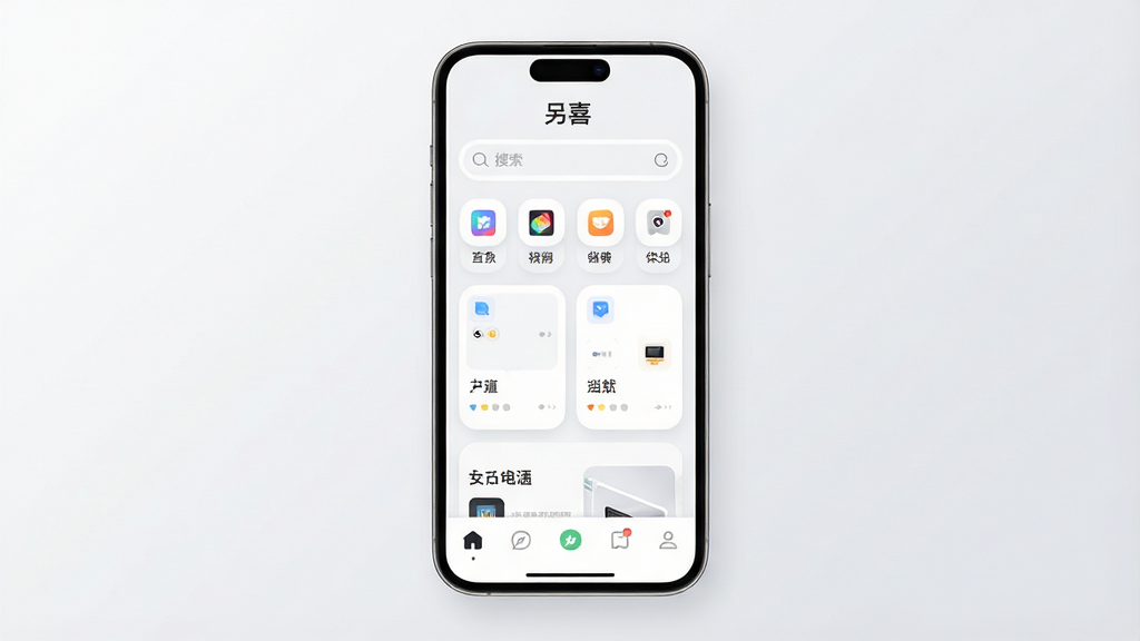 一张手机应用展示图,画面中央放置一部现代智能手机,屏幕显示“另喜”应用主界面,界面采用浅色背景、圆角卡片布局,上方有搜索栏与功能入口图标,下方有底部导航栏。背景为干净的浅灰渐变,整体风格简洁清新,细节清晰,画质高清,无多余元素。