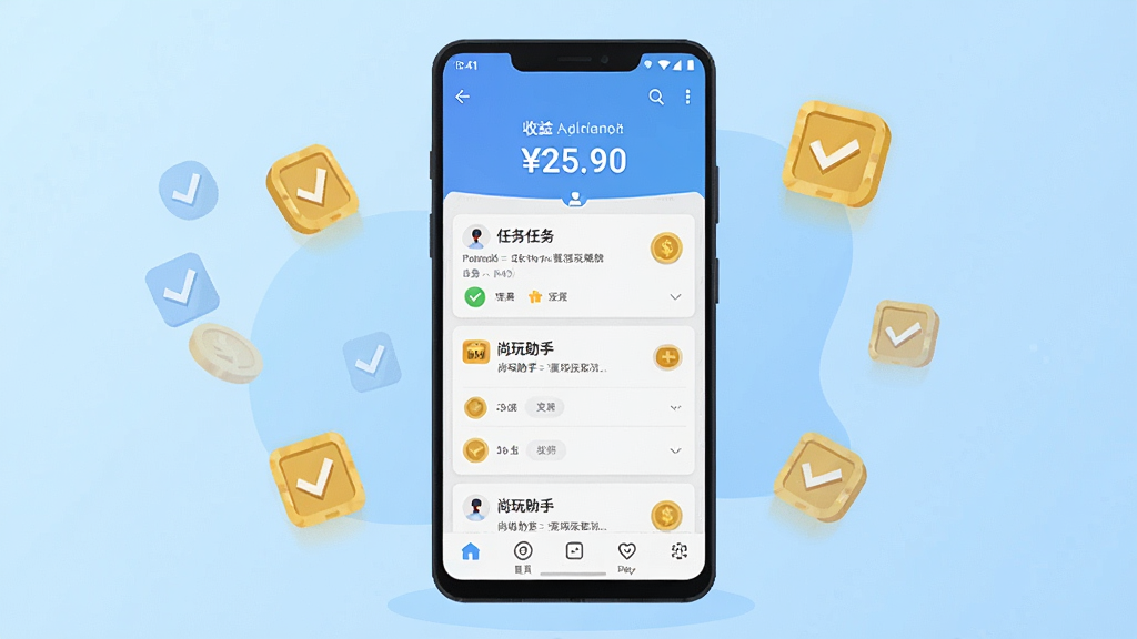 一张展示尚玩助手应用首页界面的手机截图风格插画,画面中央是一部竖屏安卓手机,屏幕上显示尚玩助手主界面,包含任务列表卡片、顶部收益金额数字、底部导航栏,背景为淡蓝色渐变,周围点缀金币和任务勾选图标,整体风格清新扁平化,画质清晰干净,无多余元素