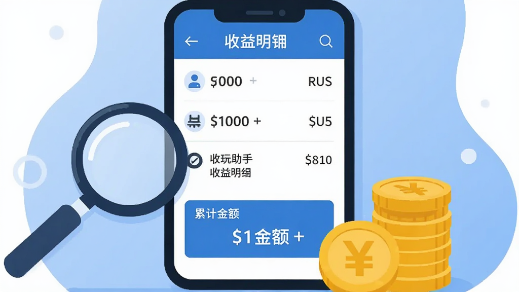 一幅表现尚玩助手收益明细页面的扁平插画,画面主体为手机屏幕特写,屏幕内显示收益明细列表和累计金额,旁边有放大镜和金币堆叠元素,配色以蓝白为主,风格简洁商务,画质清晰,干净利落