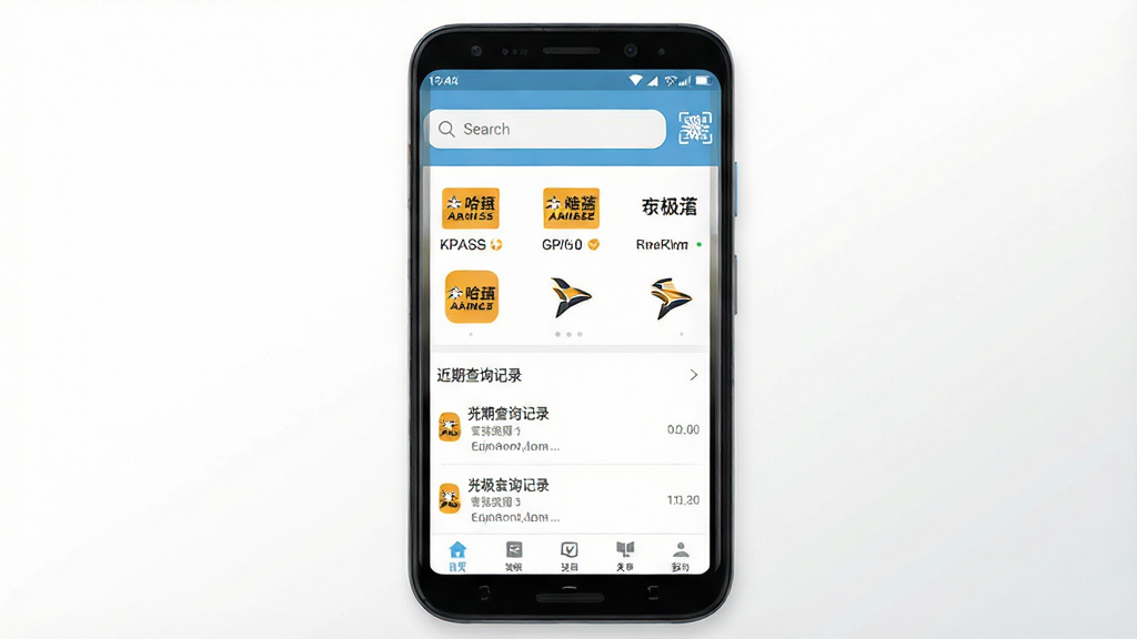 一张展示哈极软件主界面的手机预览图,画面中央是一部竖屏安卓手机,屏幕内显示哈极APP的首页,顶部有搜索框和扫码图标,中间排列多家快递公司图标,下方是近期查询记录列表,整体布局简洁,风格为清新浅色扁平化设计,细节包括状态栏时间、信号图标、底部导航栏,画质清晰干净,无多余元素,背景为纯白到浅灰渐变,适合软件下载站展示