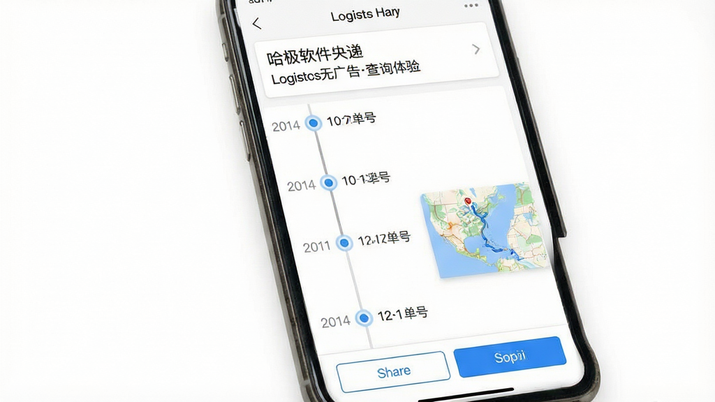 一张展示哈极软件无广告清爽查询体验的界面图,画面为手机屏幕正面,屏幕内显示物流详情页,页面干净整洁,没有广告横幅,只有物流时间轴和地图轨迹缩略图,顶部有快递公司名称和单号,底部有分享和复制按钮,风格为极简白色主题,细节包括细线分割、灰色文字说明、蓝色高亮节点,画质清晰干净,无多余元素,背景为纯白