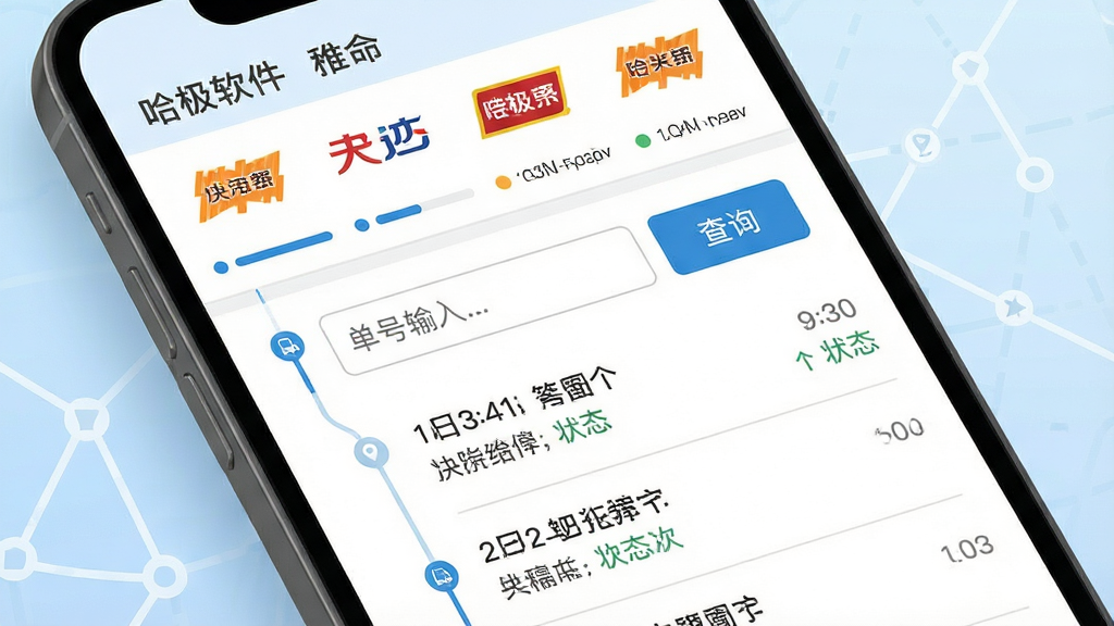 一张展示哈极软件多快递聚合查询功能的界面图,画面为手机屏幕特写,屏幕内显示物流轨迹时间轴,顶部有快递公司Logo横向排列,中部是单号输入框和查询按钮,下方是详细物流节点列表,每个节点带有时间、地点、状态描述,风格为清爽素雅扁平化,布局整齐,细节包括进度条、图标、分割线,画质高清干净,无多余装饰元素,背景为浅蓝色渐变