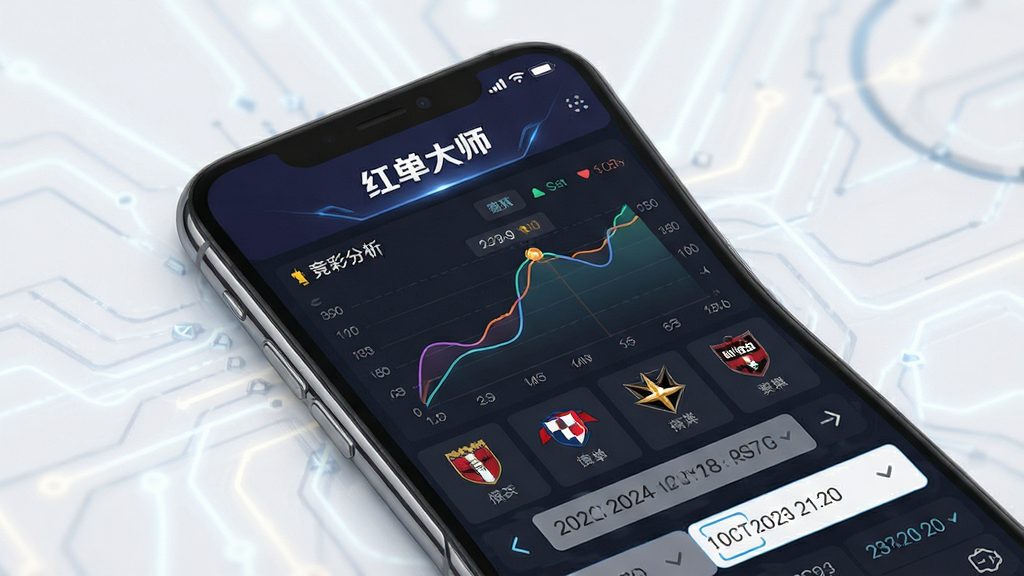 红单大师软件主界面展示,主体为一部智能手机,屏幕上显示着体育赛事数据图表和竞彩分析界面,布局清晰,上方有软件名称“红单大师”字样,排版简洁明了,风格为现代科技感,细节包括数据曲线、球队图标和日期选择器,画质高清,干净,无多余元素。