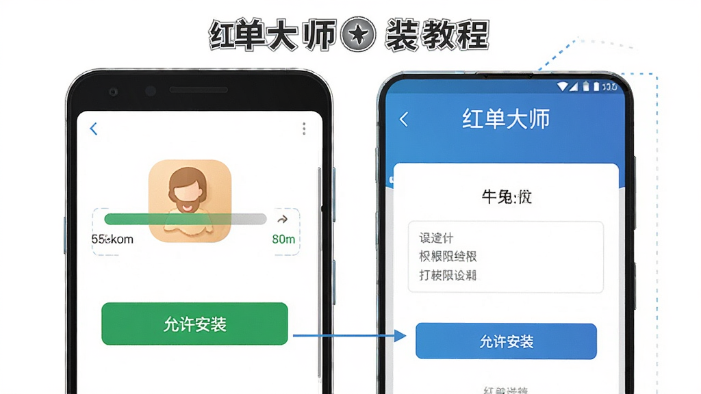 红单大师安装教程示意图,主体为一部安卓手机,屏幕上显示安装进度条和权限设置界面,布局清晰,排版简洁,风格为教程类插图,细节包括“允许安装”按钮和红单大师图标,画质高清,干净,无多余元素。