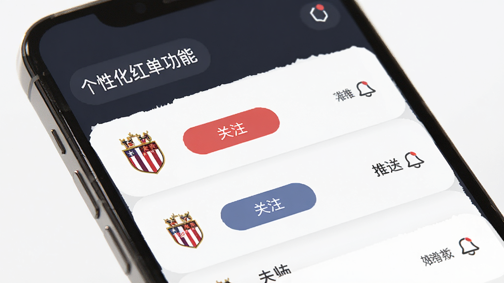 红单大师个性化关注功能界面,主体为手机屏幕特写,布局为列表形式,排版简洁,风格为现代UI设计,细节包括球队队徽、关注按钮和推送通知图标,画质高清,干净,无多余元素。
